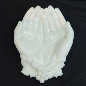 Vintage Designer Milk Glass Open Hands Dish/Trinket Tray